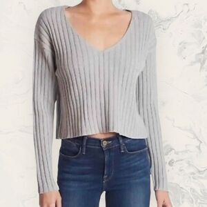NEW Abound Nordstrom Grey Heather Ribbed Knit V-Neck Cropped Sweater Size XL